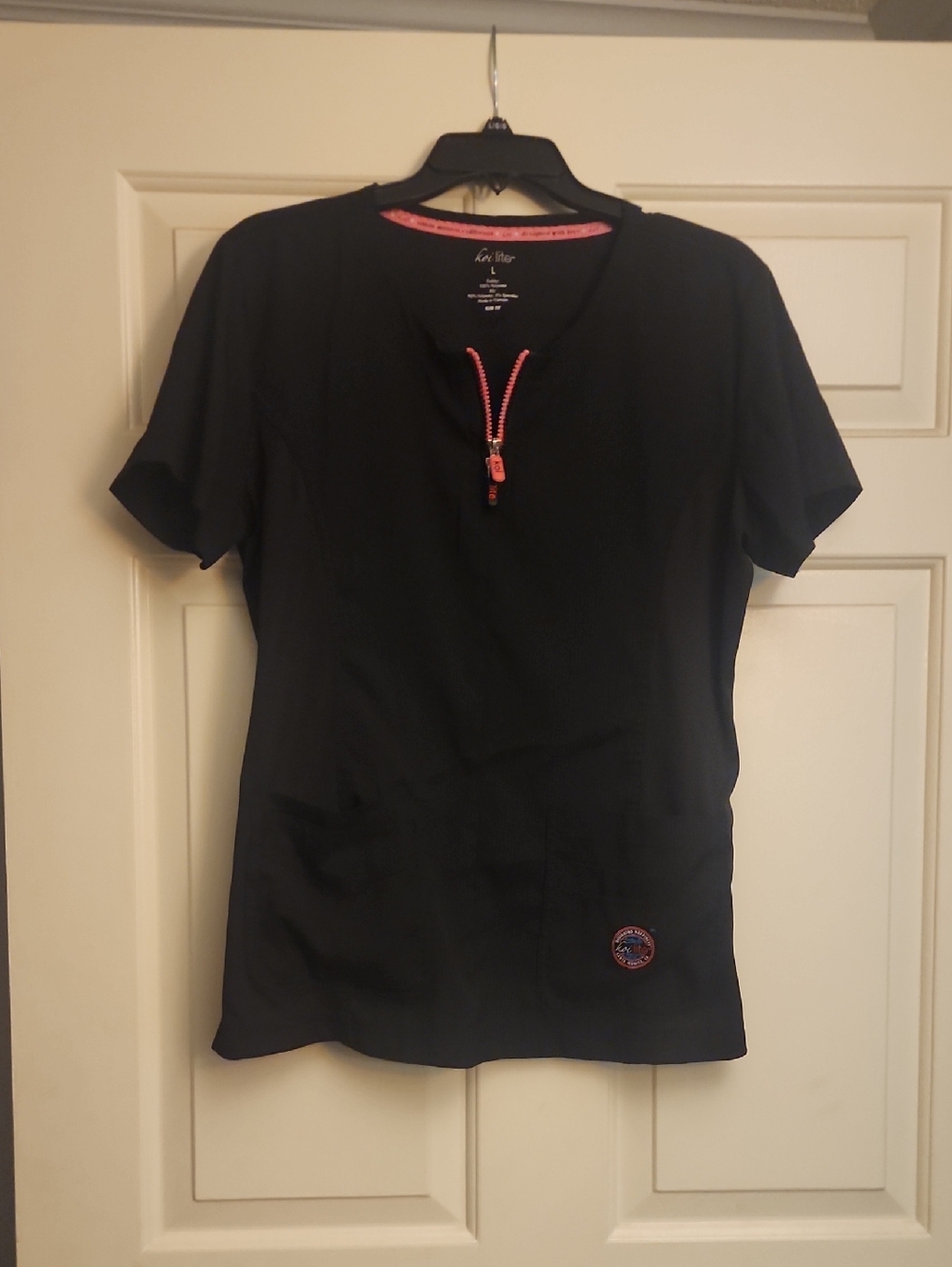 Koi Lite Women's Black Scrub Top with Coral Zip Detail